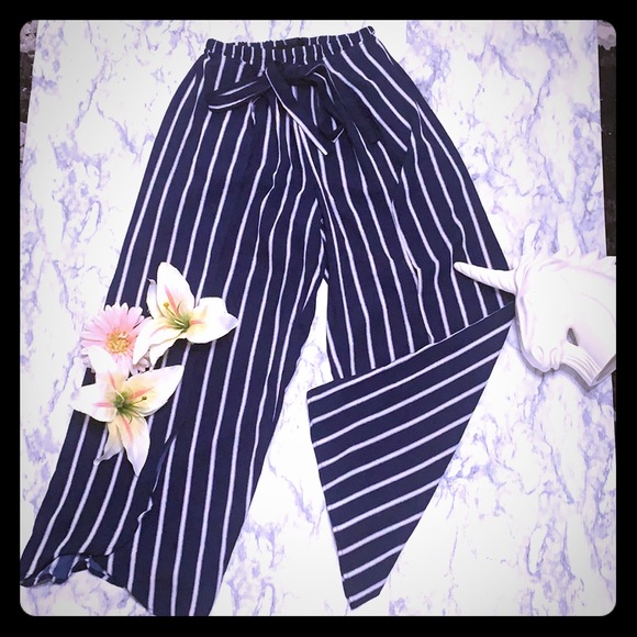 feathers Pants - TIE FRONT SIDE SLIT WIDE LEGGED PANTS